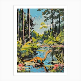 Dinosaur In A Woodland Lake Painting Art Print