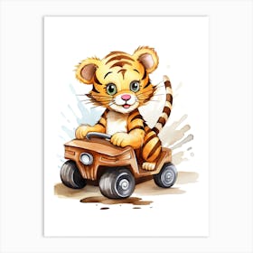 Baby Tiger On A Toy Car, Watercolour Nursery 3 Art Print