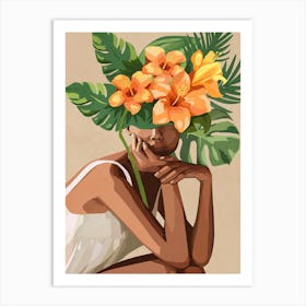 Woman with tropical flowers and leaves on the head 1 Art Print