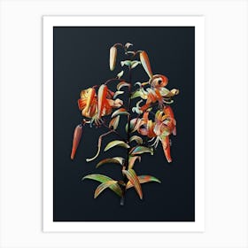 Vintage Tiger Lily Botanical Watercolor Illustration on Dark Teal Blue n.0634 Art Print