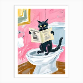 Black Cat Reading A Newspaper in the bathroom Art Print