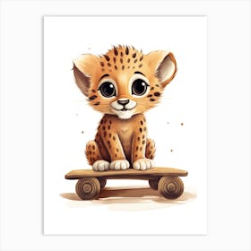 Baby Cheetah On Toy Car, Watercolour Nursery 2 Art Print