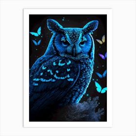 Blue owl with butterflies 1 Art Print