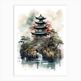 Chureito Pagoda In Yamanashi, Japanese Brush Painting, Ukiyo E, Minimal 1 Art Print