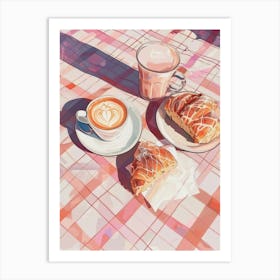 Pink Breakfast Food Yogurt, Coffee And Bread 4 Art Print