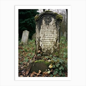 Frontal View Of A Weather Beaten Gravestone Detailing The Worn Engravings Of The Departed Soul Indi (2) Art Print