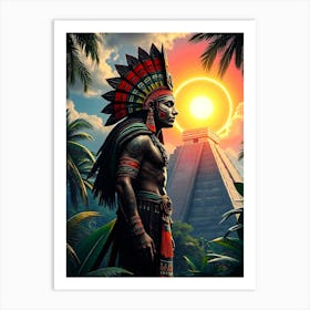 Aztec Warrior By Pyramid And Sun Art Print