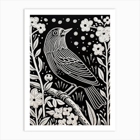 B&W Bird Linocut Blackbird 4 Art Print