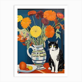 Marigold Flower Vase And A Cat, A Painting In The Style Of Matisse 3 Art Print