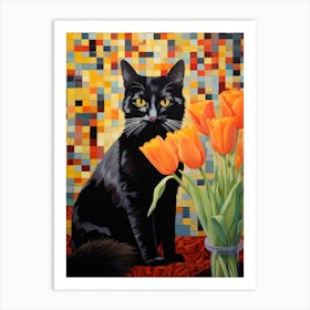 Black Cat With Tulips Art Print