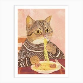 Brown White Cat Eating Pasta Folk Illustration 3 Art Print