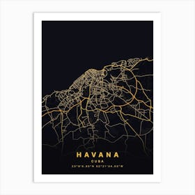 Havana Cuba Black And Gold Map Art Print