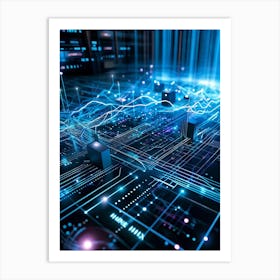 Abstract Cyber Security Theme With Geometric Dots And Lines Forming A Network Like Grid Blue And N (2) Art Print