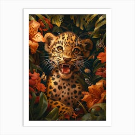 A Happy Front faced Leopard Cub In Tropical Flowers 19 Art Print