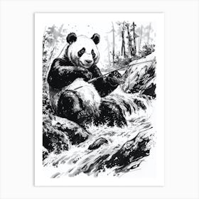 Giant Panda Fishing In A Stream Ink Illustration 1 Art Print