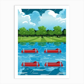 Red Canoes In The Rain Vector Art Print