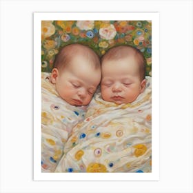 Classy Twins in a bed of flowers Klimt Style 1 Art Print