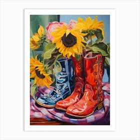 Oil Painting Of Sunflower Flowers And Cowboy Boots, Oil Style 2 Art Print