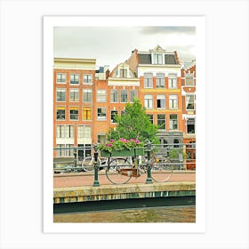 Bicycles Parked On A Bridge Overa Canal In Amsterdam Art Print