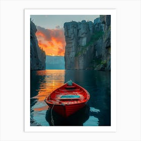 Red Boat At Sunset Art Print