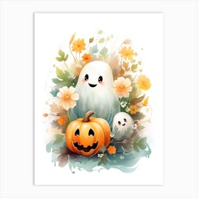 Cute Ghost With Pumpkins Halloween Watercolour 55 Art Print