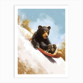 American Black Bear Cub Sledding Down A Snowy Hill Storybook Illustration 2 Art Print