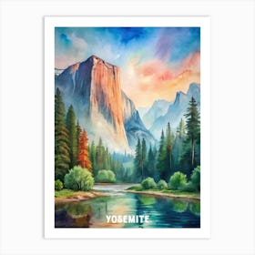 Yosemite National Park Watercolor Painting Art Print