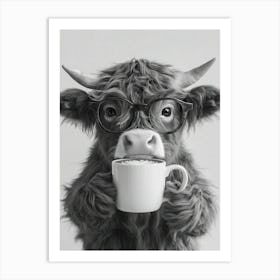 Highland Cow Drinking Coffee Art Print