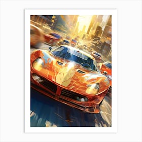 Speed Racing In The City Retro Racing Car Art Print