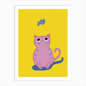 Pink Cat Blue Bird Art Print