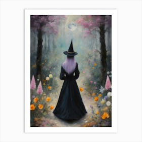 Purple Haired Witch in the Forest Speaking to the Full Moon- Art by Sarah Valentine Art Print