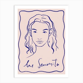 Las Senorita. Portrait of a Woman. Italian Minimalist Pink with Blue Line Art Print