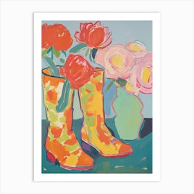 Painting Of Red Flowers And Cowboy Boots, Oil Style 7 Art Print