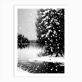 Snowflakes Falling By A Lake, Snowflakes, Black & White 3 Art Print