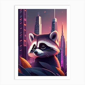 Raccoon In The City At Night Art Print