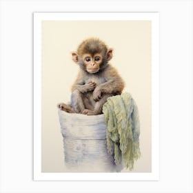 Monkey Painting Knitting Watercolour 4 Art Print