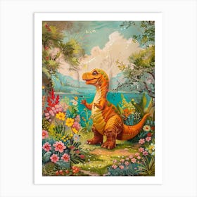 Dinosaur In A Floral Meadow Vintage Storybook Painting 1 Art Print