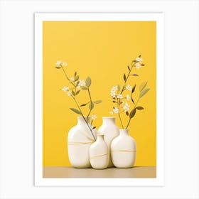 White Vases With Flowers On Yellow Background Art Print