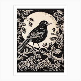 B&W Bird Linocut European Robin 3 Art Print