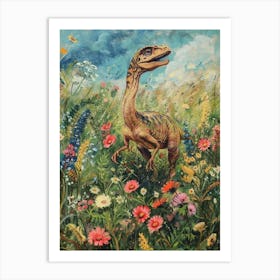 Dinosaur In A Floral Meadow Vintage Storybook Painting 2 Art Print