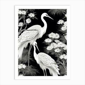 Black And White Cranes 2 Vintage Japanese Botanical Art Print