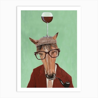 Horse With Wineglass Mint & Brown Art Print
