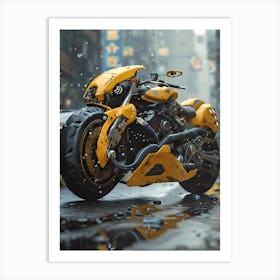 Yellow Motorcycle In The Rain Art Print