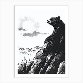 Malayan Sun Bear Looking At A Sunset From A Mountain Ink Illustration 2 Art Print