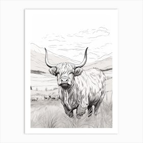 Simple Illustration Of Highland Cow Black & White Art Print