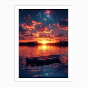 Sunset With A Boat Art Print