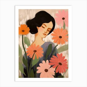 Woman With Autumnal Flowers Gerbera Daisy Art Print