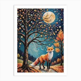 The Autumn Fox - Beautiful Rainbow Mosiac of Whimsical Fox in Fall on a Full Moon Whimsy Art for Nature Lover, Woodland, Halloween Pride Pagan Witch Colorful HD Art Print