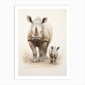 Rhino & Baby Rhino Sepia Illustration 1 Art Print