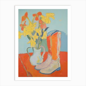 Painting Of Yellow Flowers And Cowboy Boots, Oil Style 5 Art Print